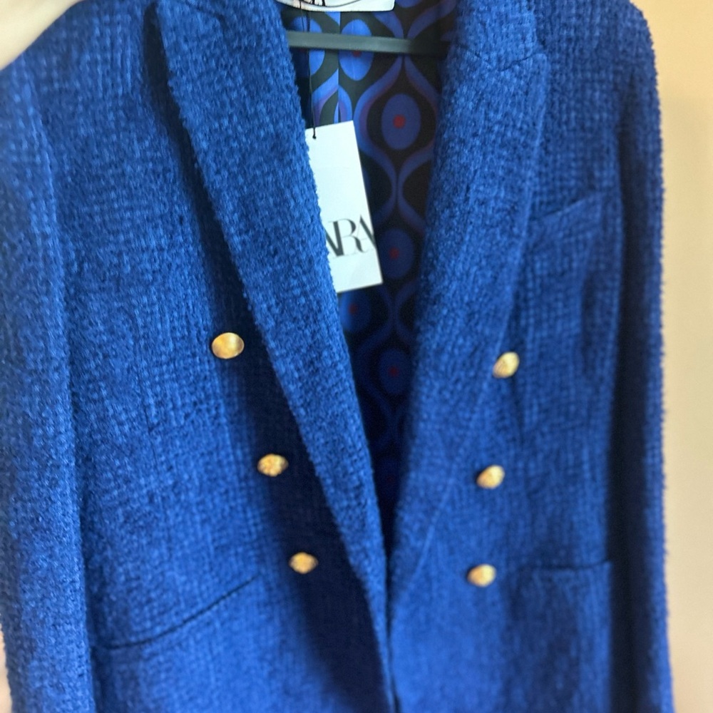 Zara Royal Blue Textured Blazer Gold Accents size small